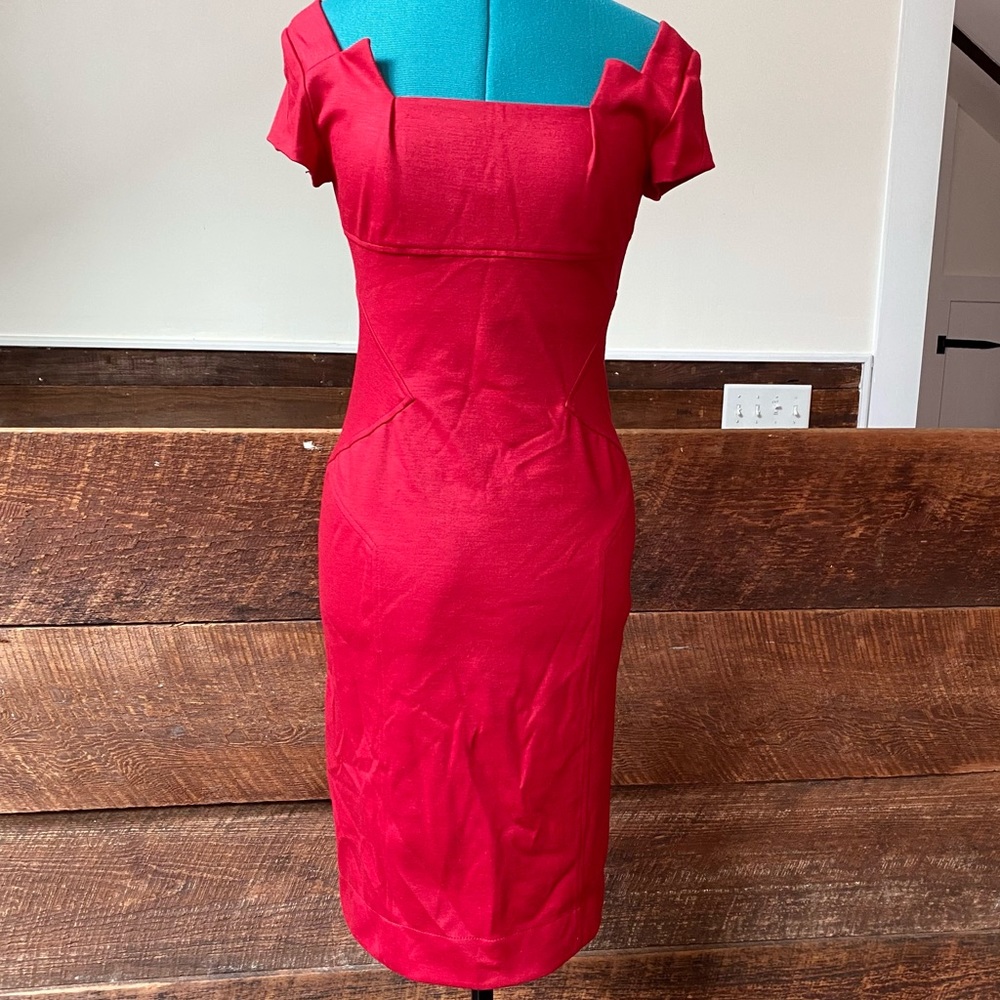 DVF Thick Cherry Red Paneled Bodycon Bandage Dress w/ Cap Sleeves